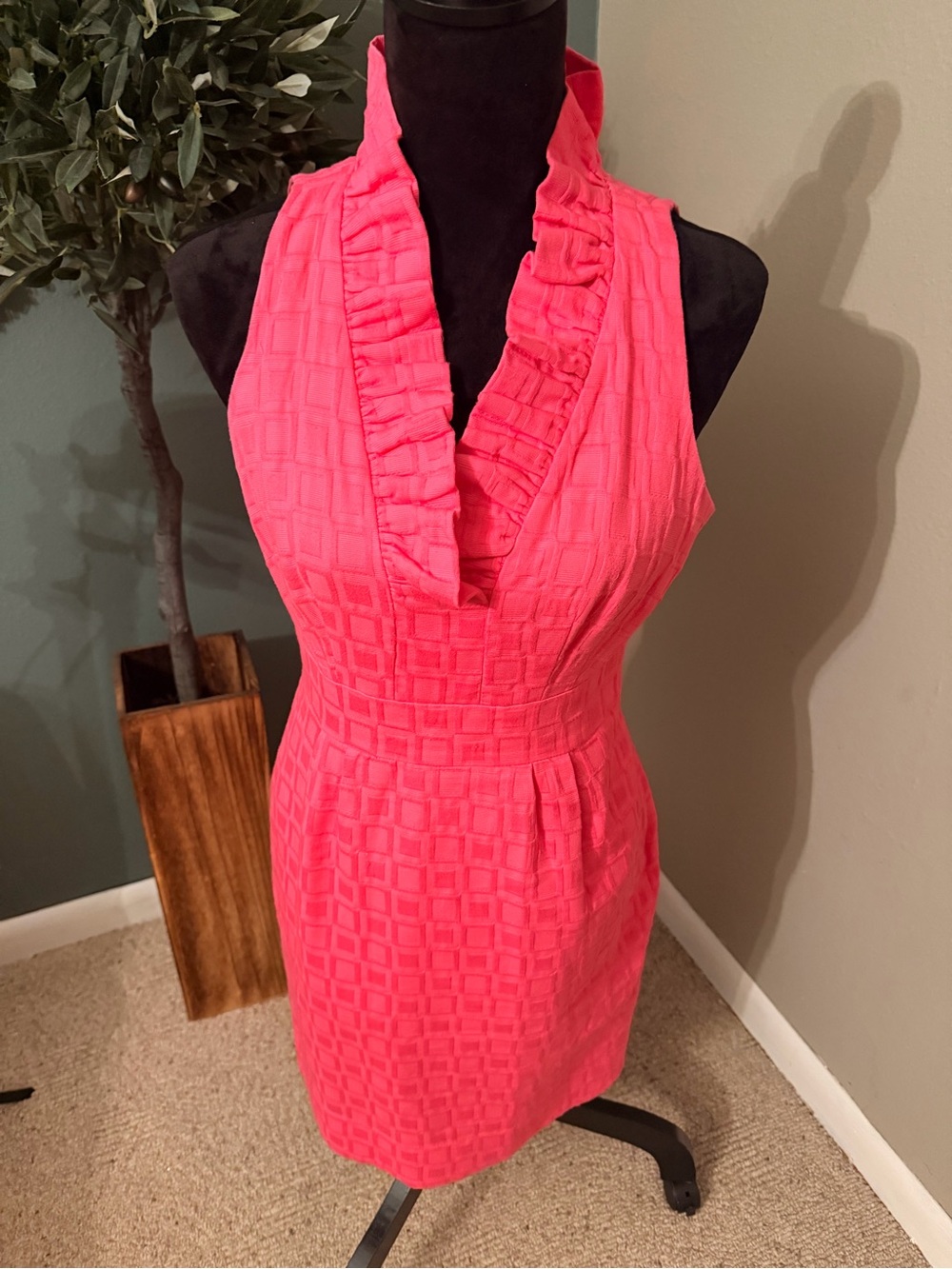 Taylor Hot Pink Ruffle V-Neck Sheath Dress